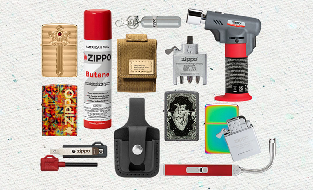 Collection of Zippo products including lighters, butane canisters, and accessories on a textured background.