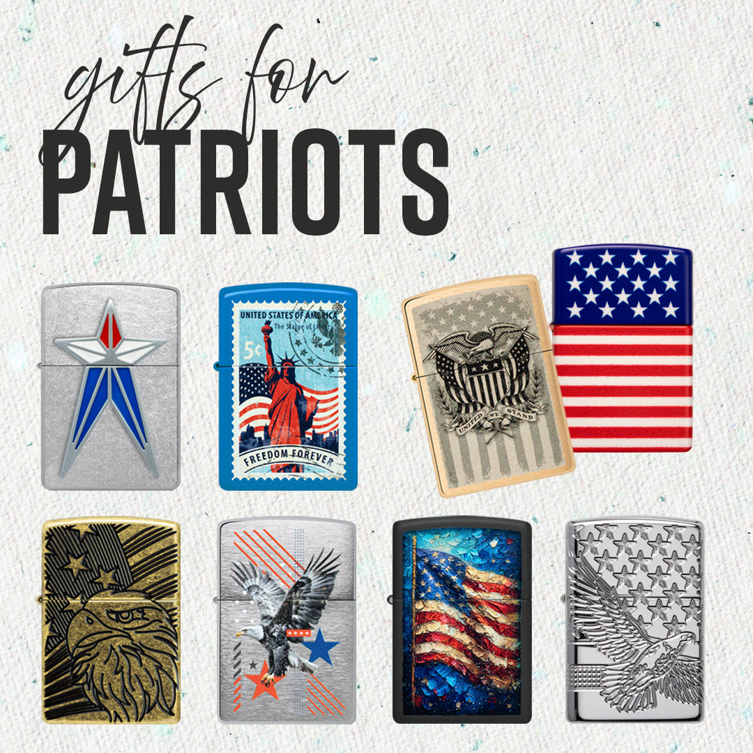 Collection of patriotic-themed lighters on a white background with 'Gifts for Patriots' text.