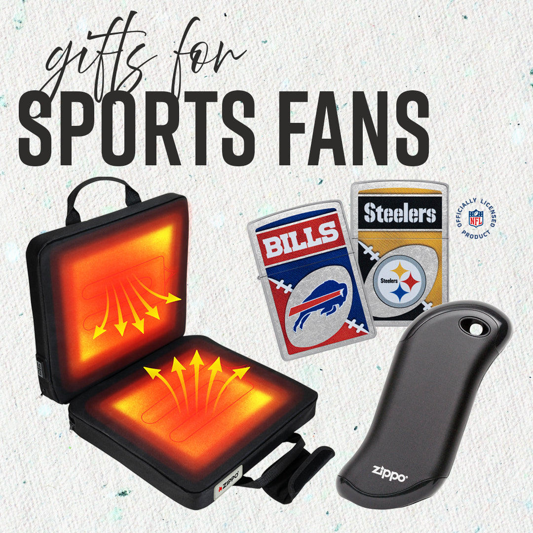Gifts for sports fans including a Zippo lighter and branded merchandise on a textured background.