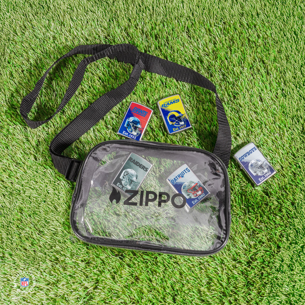 A clear stadium bag with a black strap and the Zippo logo in black, with five NFL brand lighters.