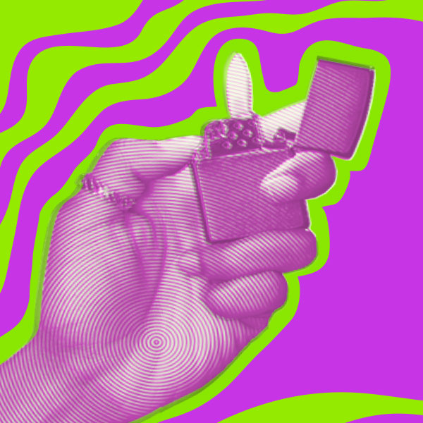 Psychedelic image of hand holding a lit Zippo lighter.