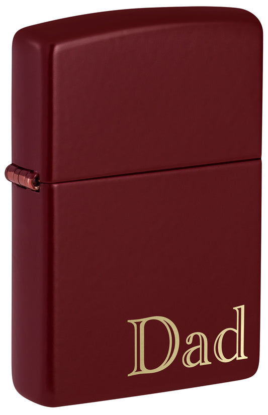 Front shot of Zippo Dad Design SMS Windproof Pocket Lighter standing at a 3/4 angle.