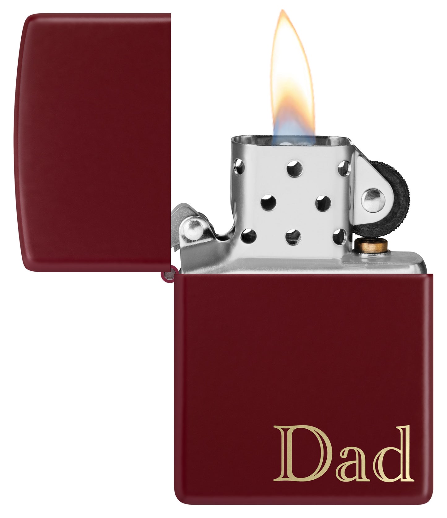 Zippo Dad Design SMS Windproof Pocket Lighter with its lid open and lit.