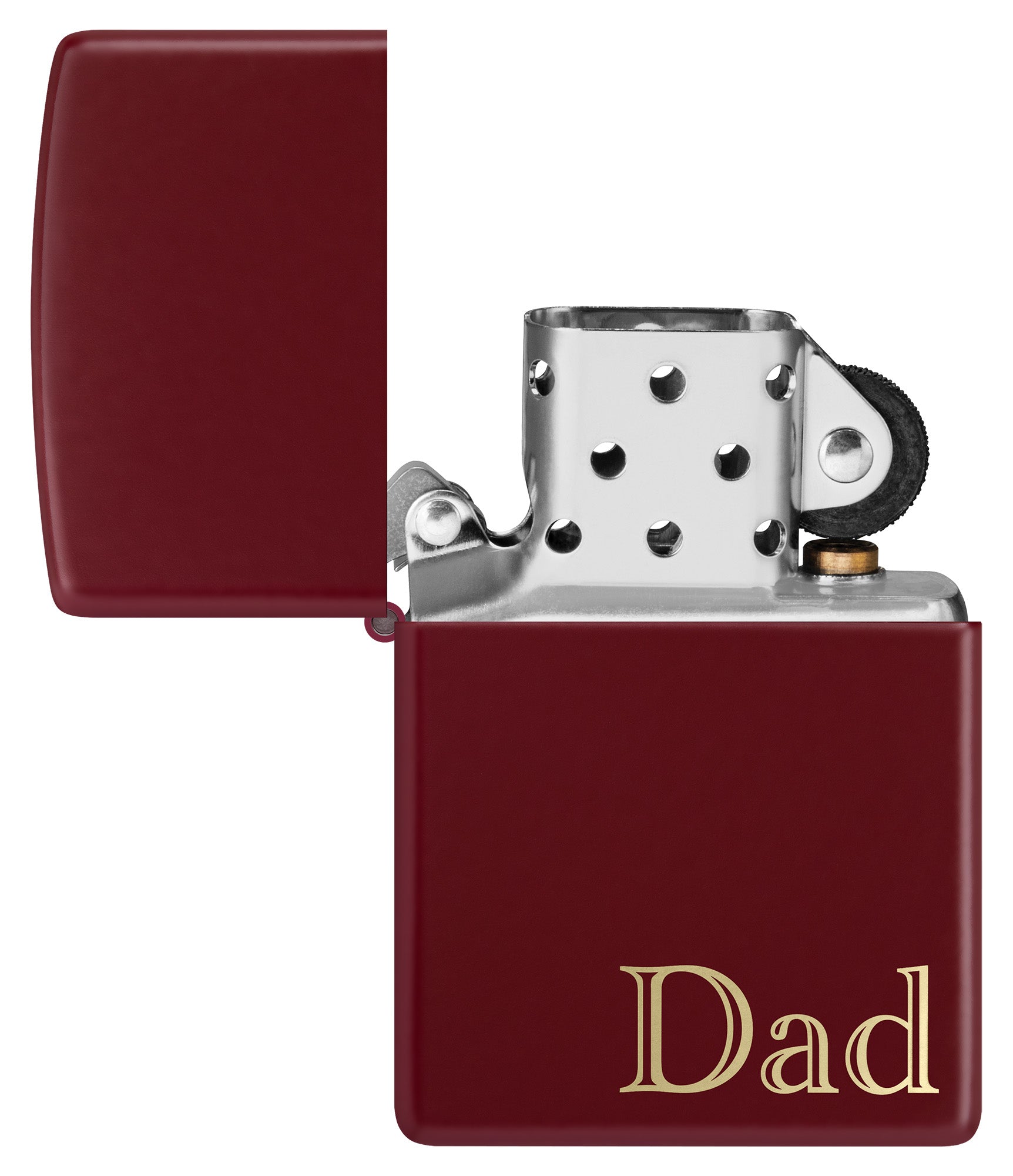 Zippo Dad Design SMS Windproof Pocket Lighter with its lid open and unlit.