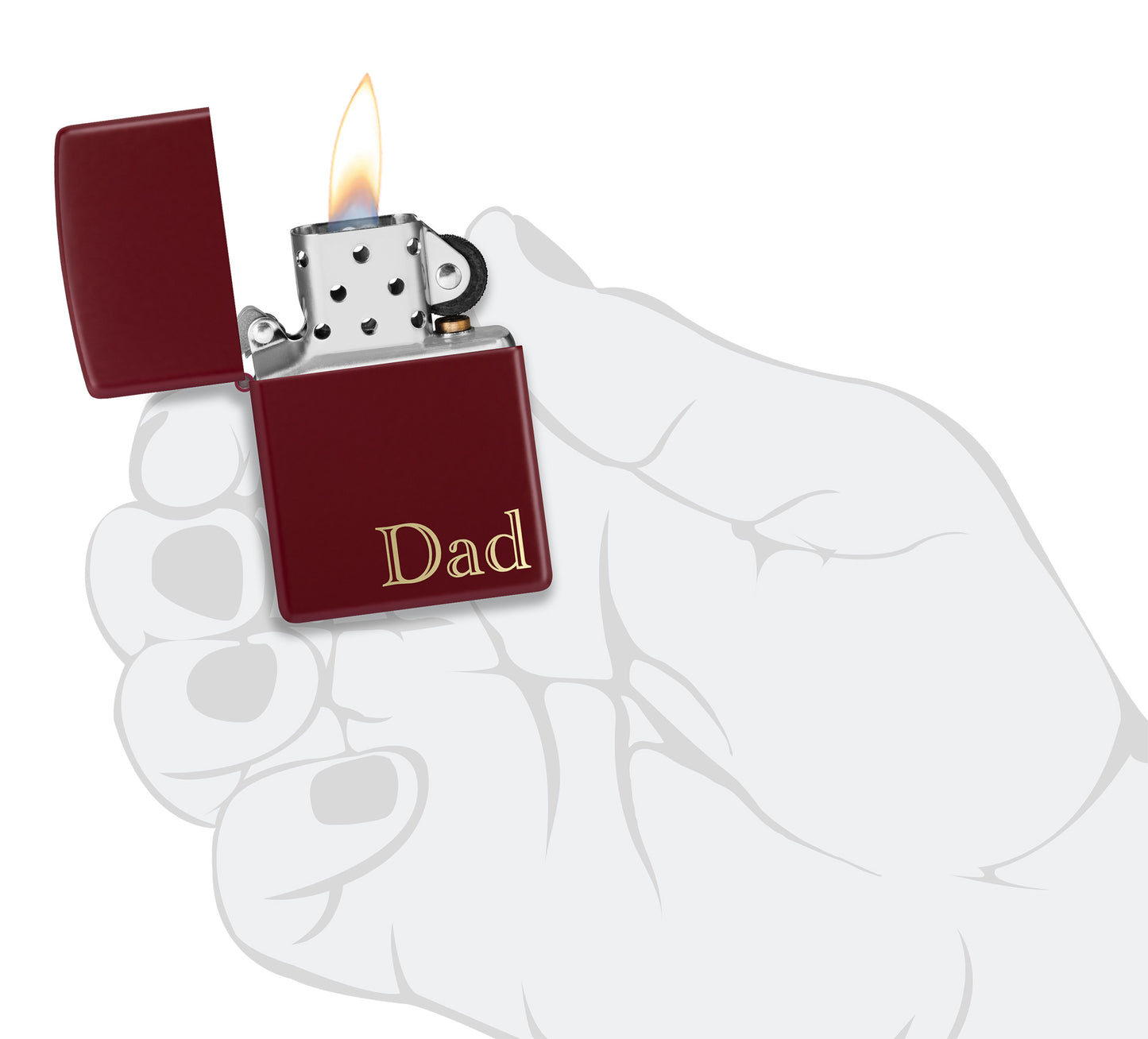 Zippo Dad Design SMS Windproof Pocket Lighter lit in hand.
