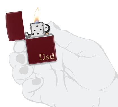 Zippo Dad Design SMS Windproof Pocket Lighter lit in hand.