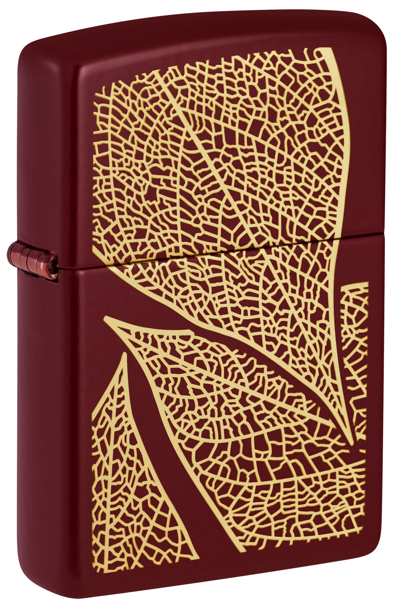Front View of Zippo Fall Leaves SMS Merlot Windproof Pocket Lighter standing at a 3/4 angle.