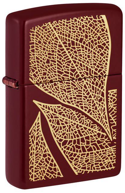 Front View of Zippo Fall Leaves SMS Merlot Windproof Pocket Lighter standing at a 3/4 angle.