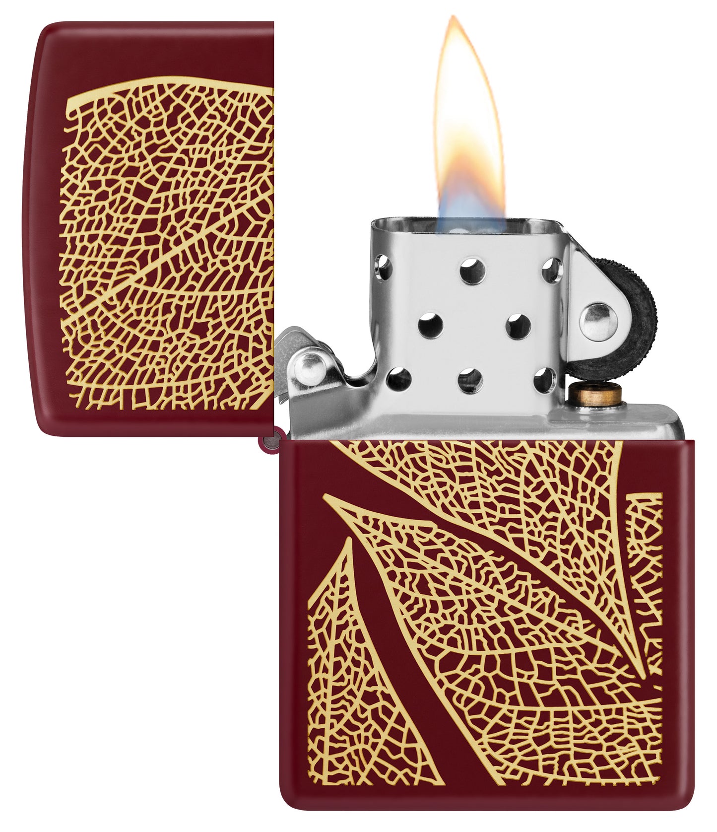 Zippo Fall Leaves SMS Merlot Windproof Pocket Lighter open and lit.