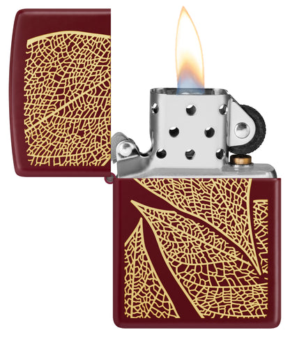 Zippo Fall Leaves SMS Merlot Windproof Pocket Lighter open and lit.