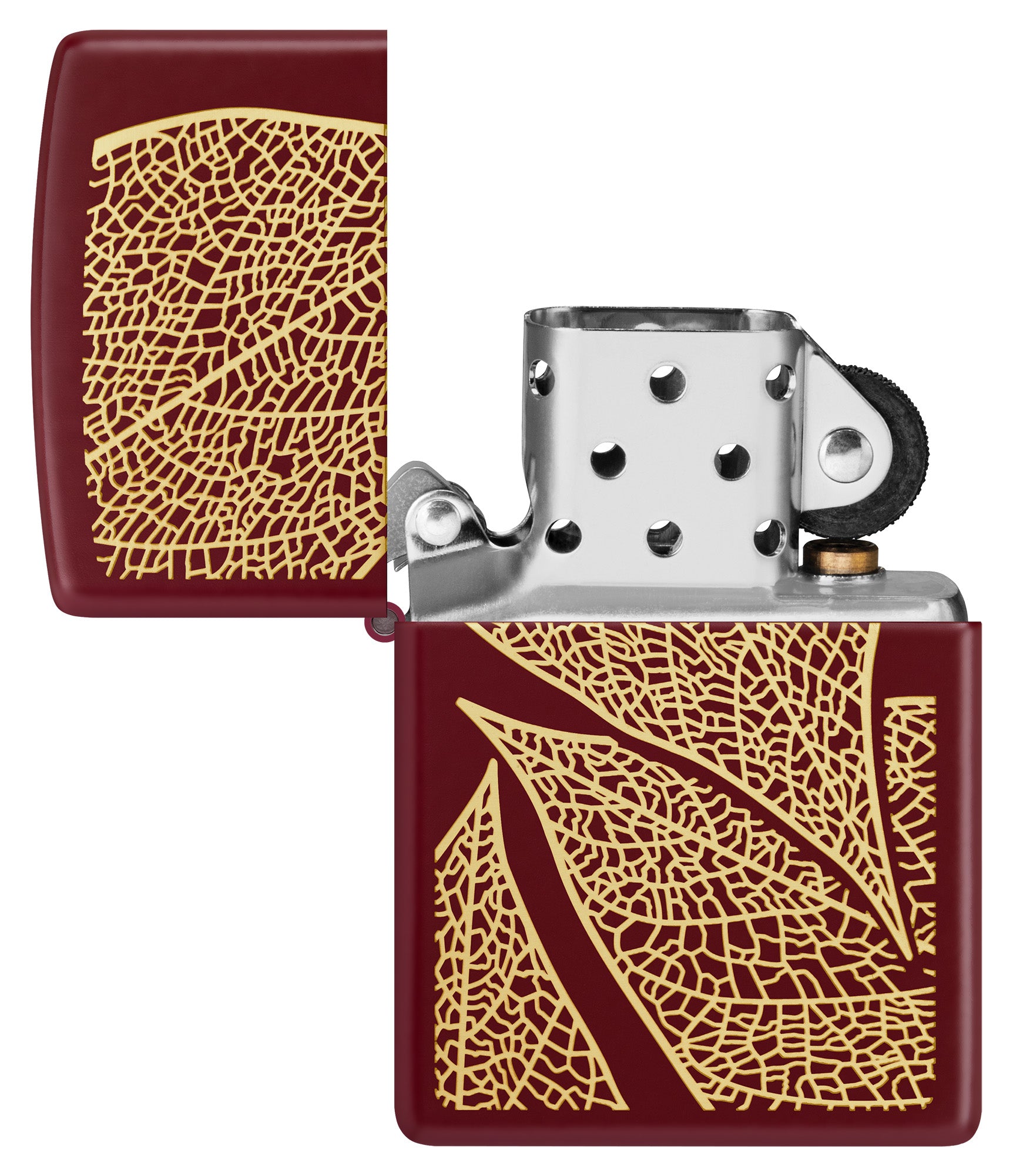 Zippo Fall Leaves SMS Merlot Windproof Pocket Lighter open and unlit.