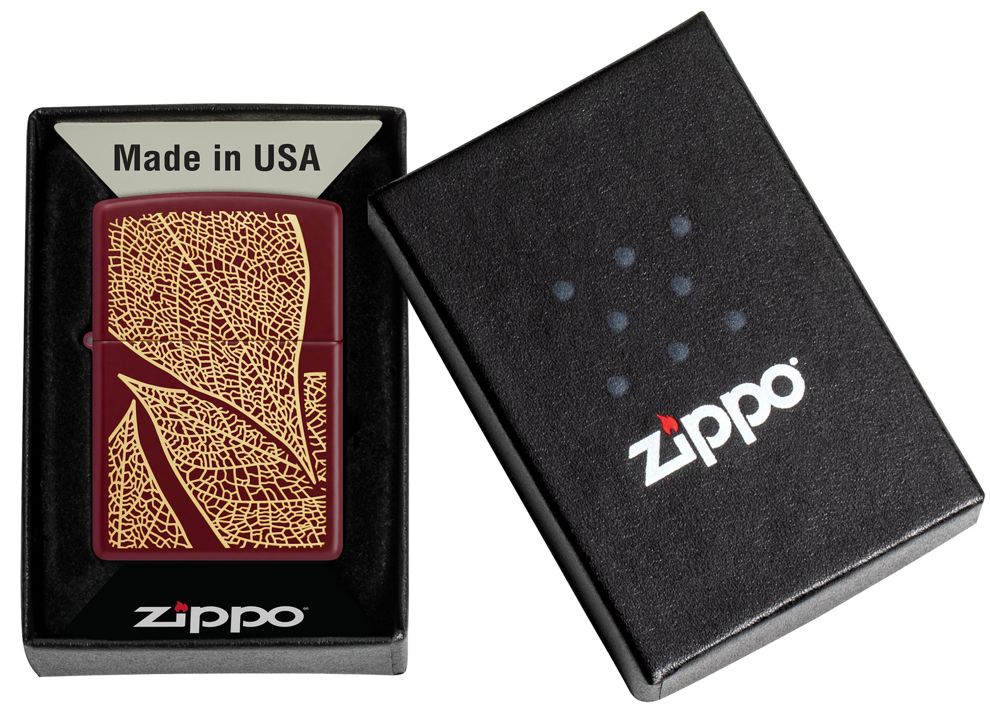 Zippo Fall Leaves SMS Merlot Windproof Pocket Lighter in packaging.