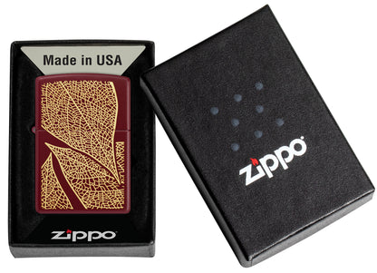 Zippo Fall Leaves SMS Merlot Windproof Pocket Lighter in packaging.