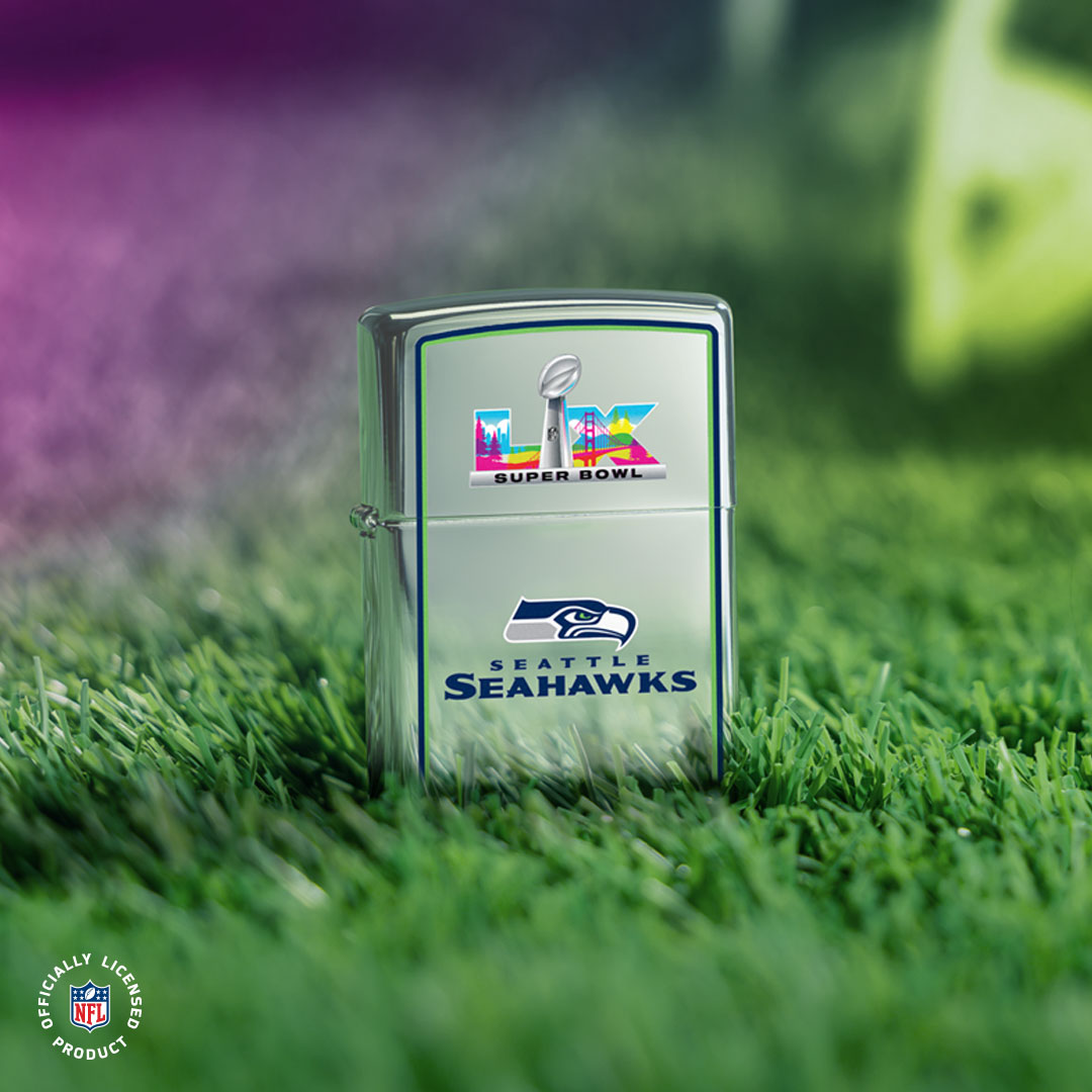 Zippo lighter with Seattle Seahawks and Super Bowl LX logos on grass