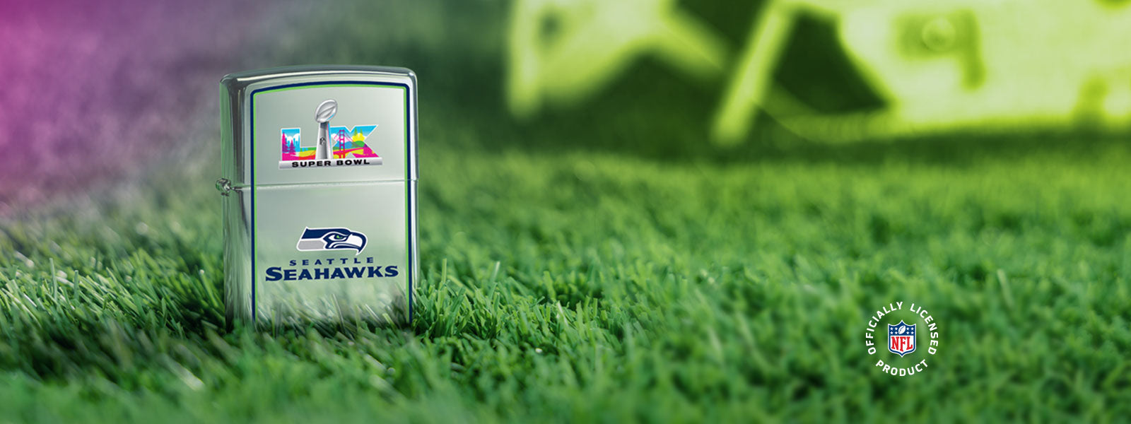 Zippo lighter with Seahawks and Super Bowl LX logos on grass