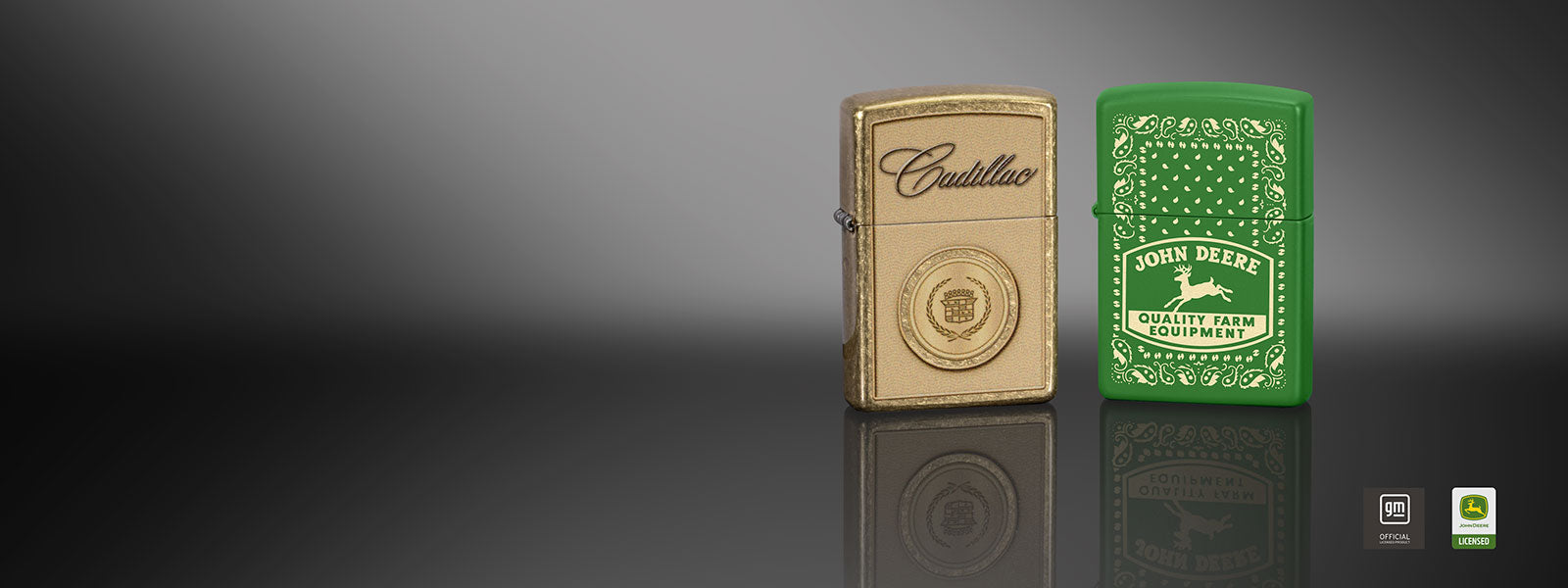 Two lighters, one gold and one green, on a reflective surface with a dark background