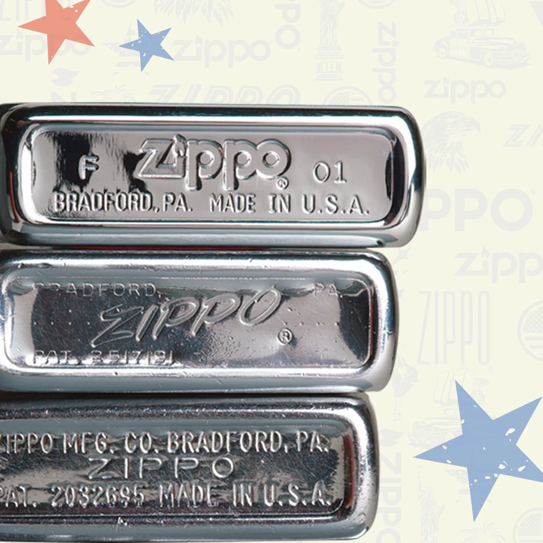 Three Zippo lighters with visible branding on a patterned background