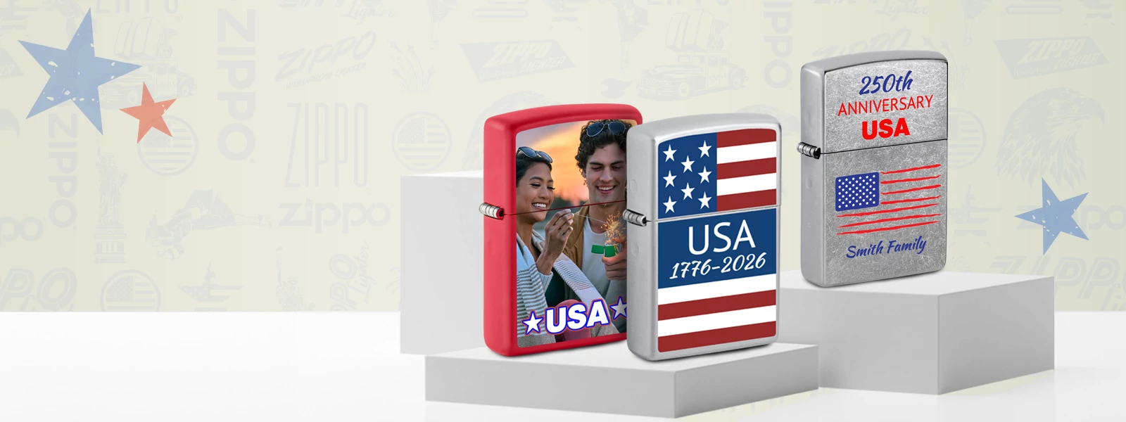 Three Zippo lighters with American flag design on a white background