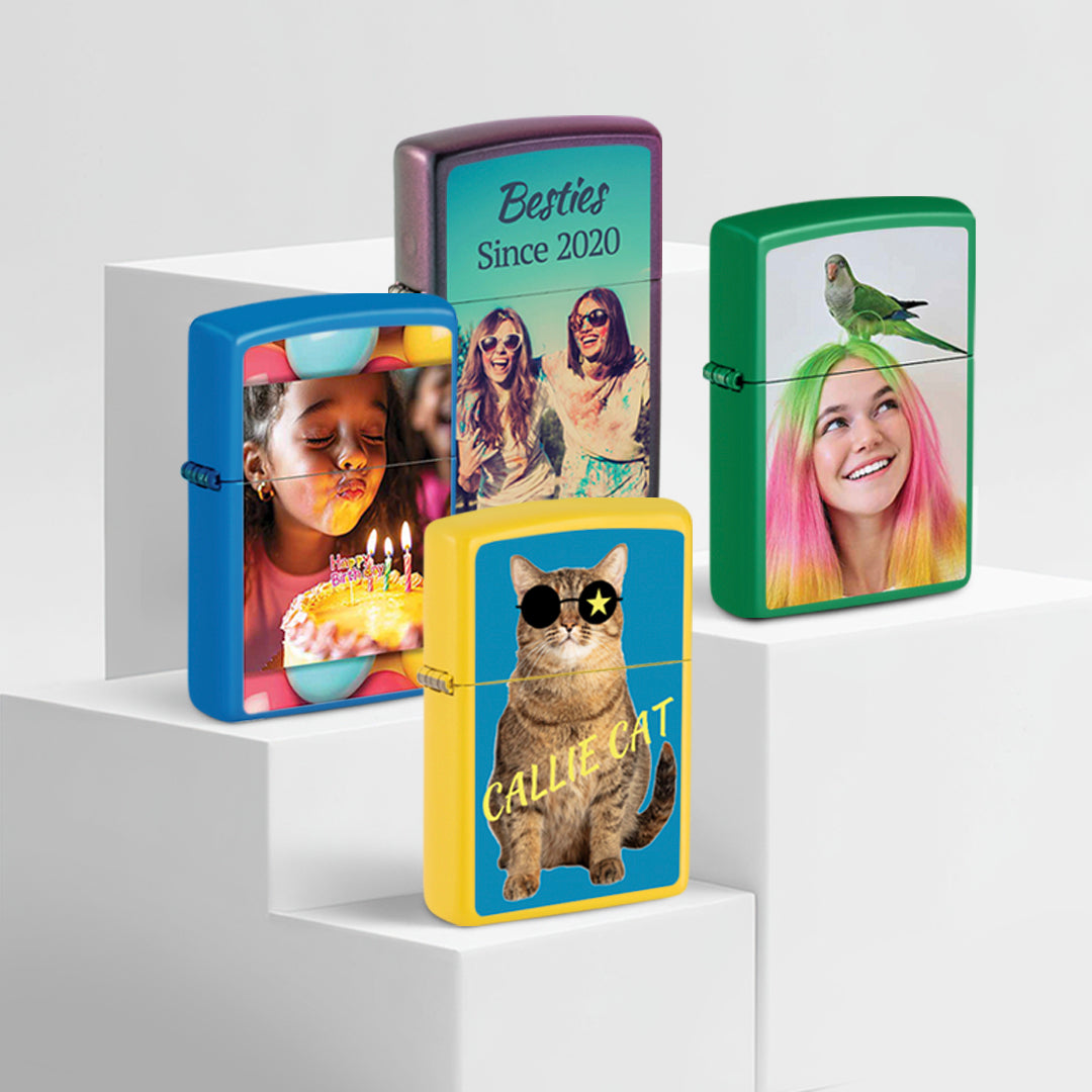 Collection of personalized lighters with various designs on a white background