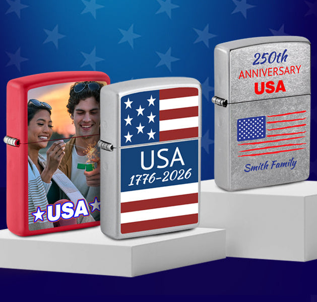 Three customized Zippo lighters with American flag designs on a blue background
