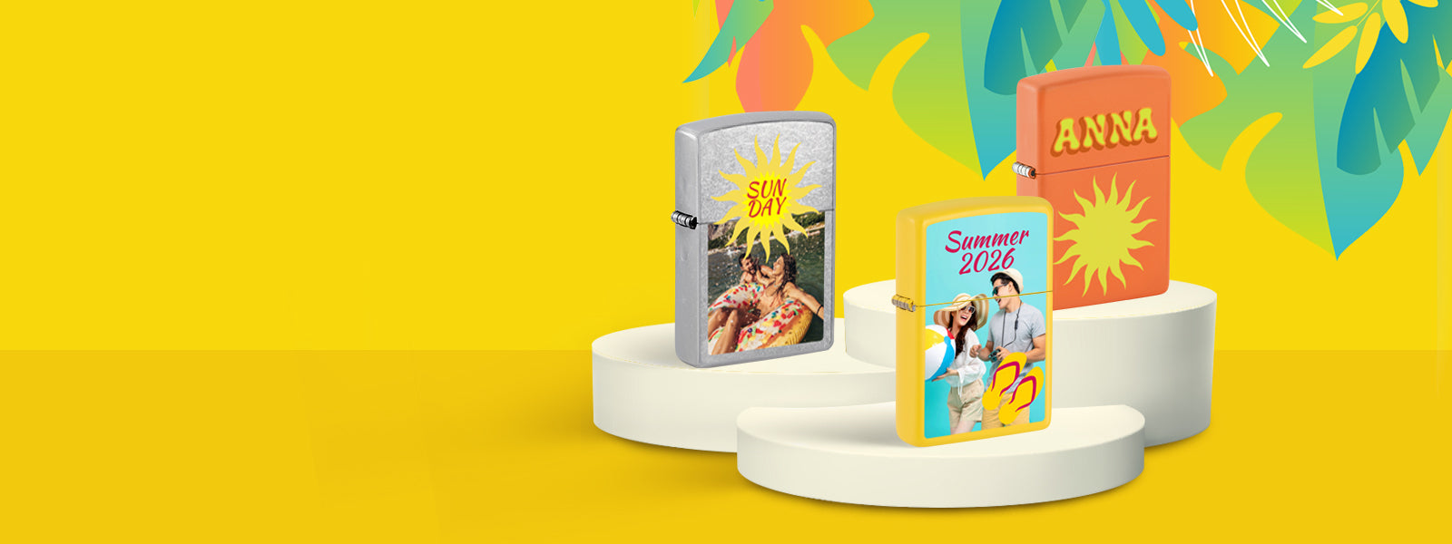 Three custom Zippo lighters on a white stand on a yellow background