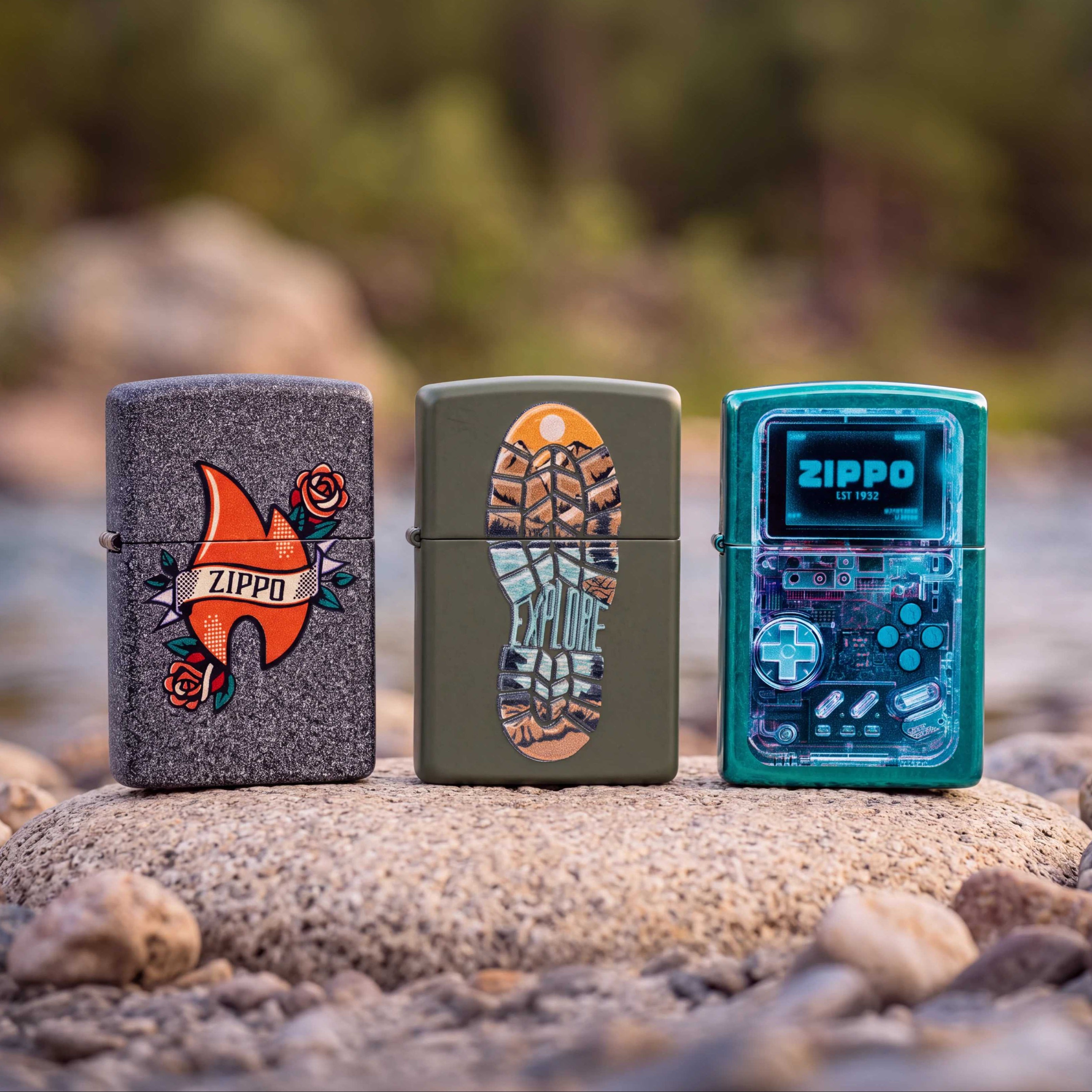 Five Zippo lighters with differenT designs are lined up on a wet stone surface by a river, with a blurred natural landscape in the background.