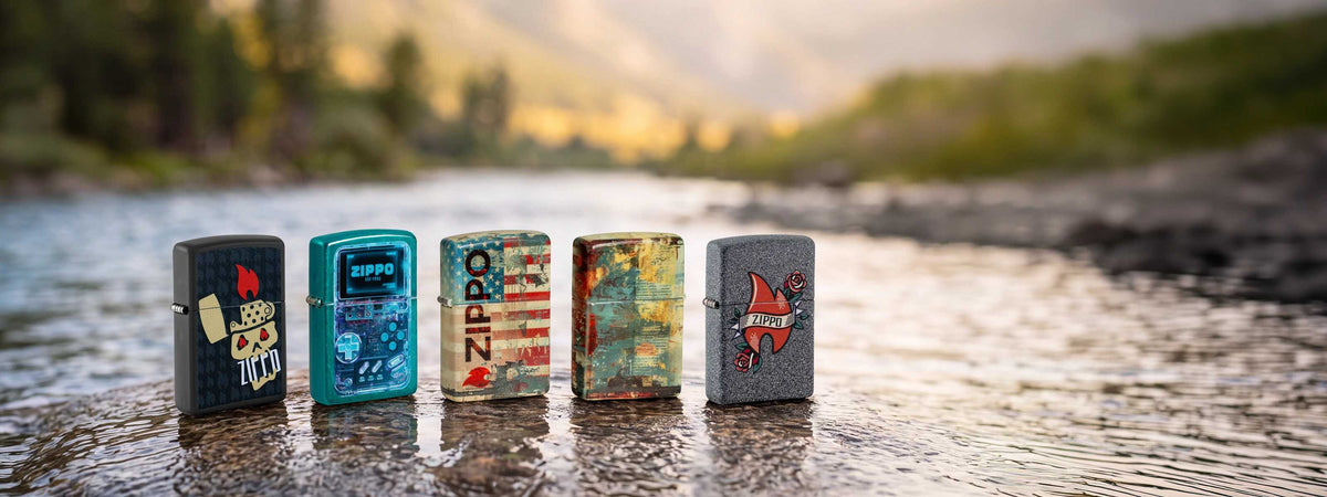 Five Zippo lighters with differenT designs are lined up on a wet stone surface by a river, with a blurred natural landscape in the background.