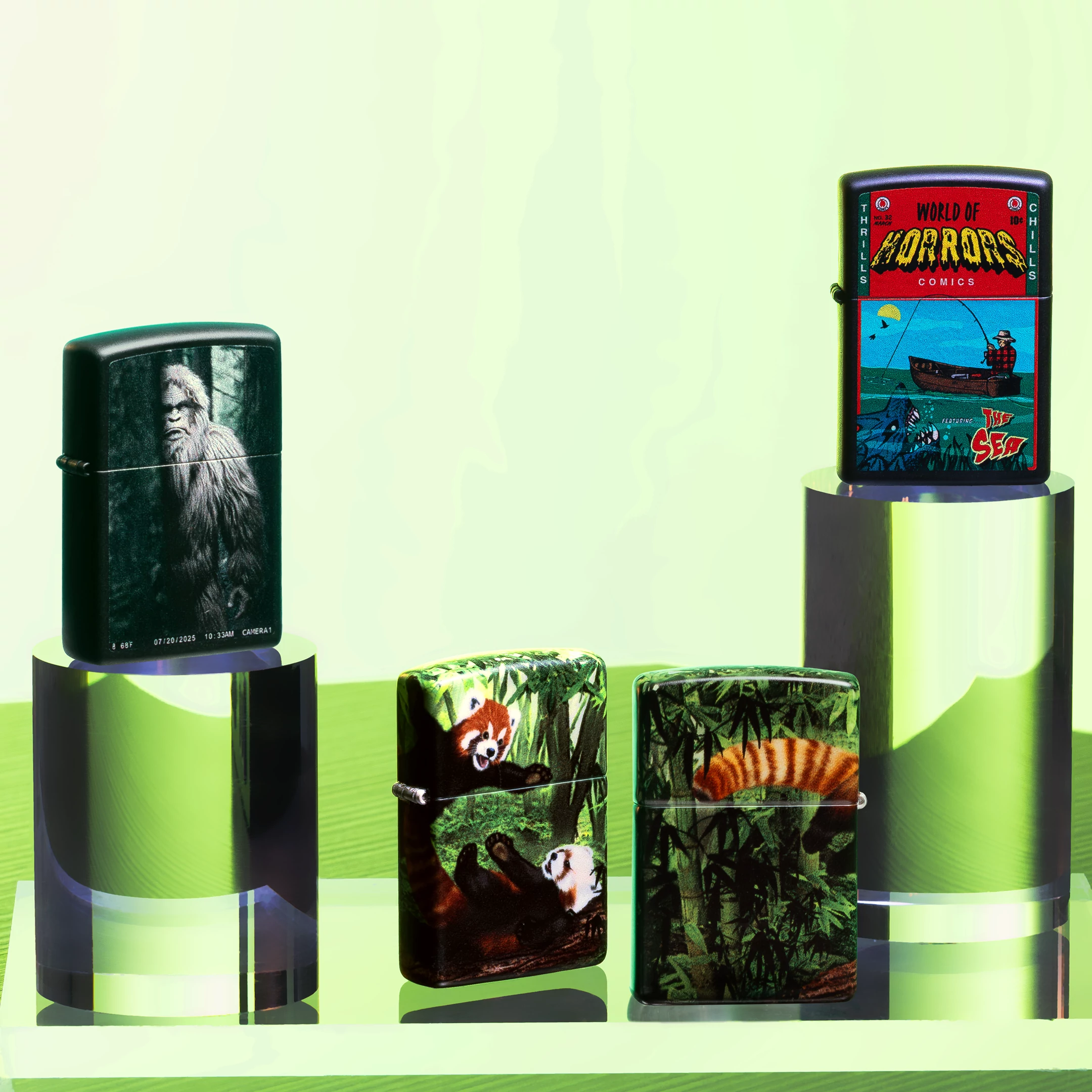 4 Zippo August Web Debut lighters in front of a green background.