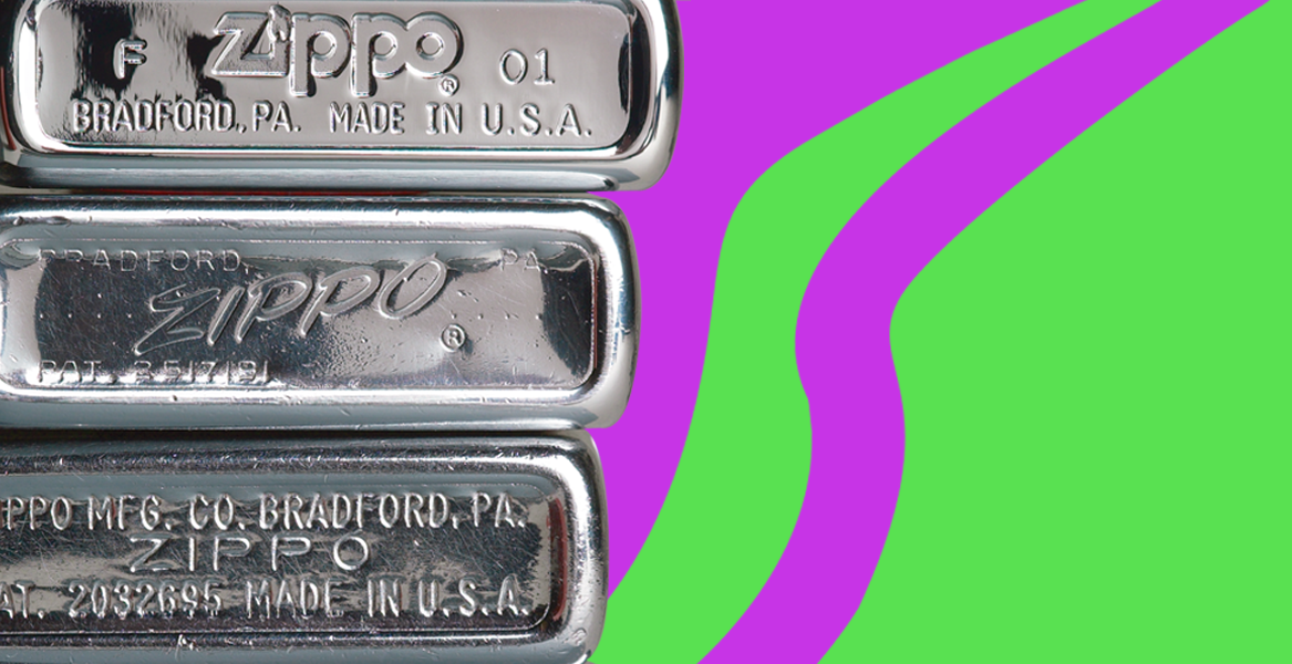 Three Zippo lighters stacked vertically on a green and purple background