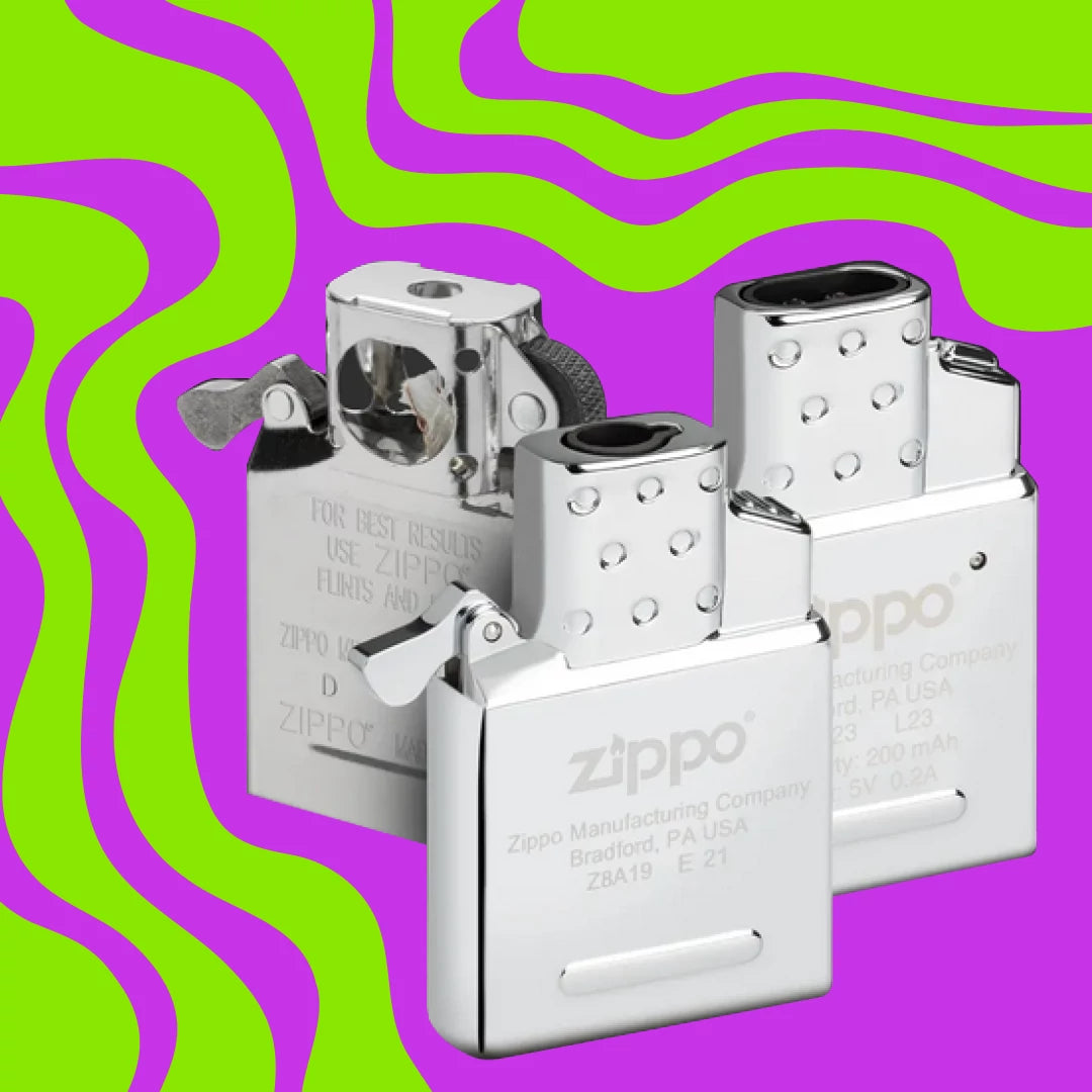 Three Zippo inserts on a colorful wavy background