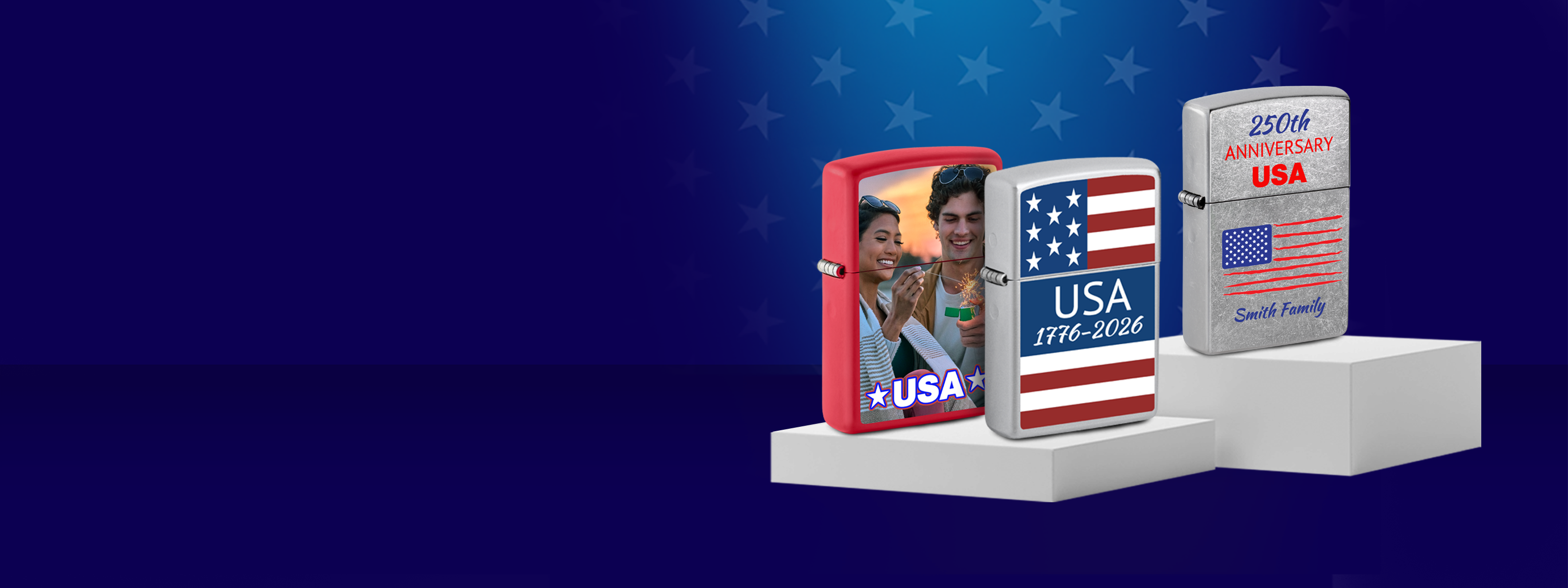 Three American themed customized Zippo lighters on a white shelf in front of a blue background.