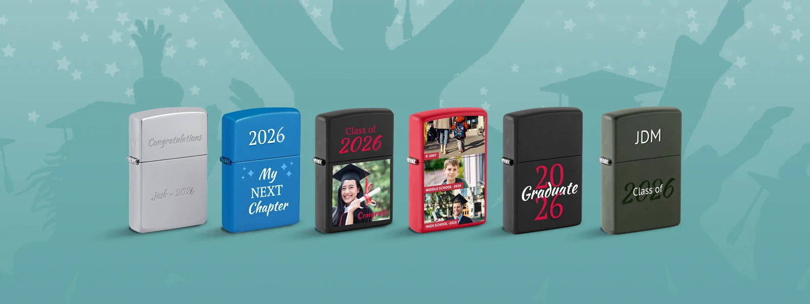 Six graduation themed Zippo lighters in front of a blue background. 