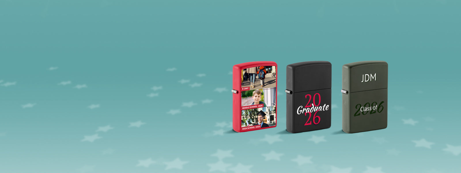 Three colorful Zippo lighters with graduation designs on a light blue background.
