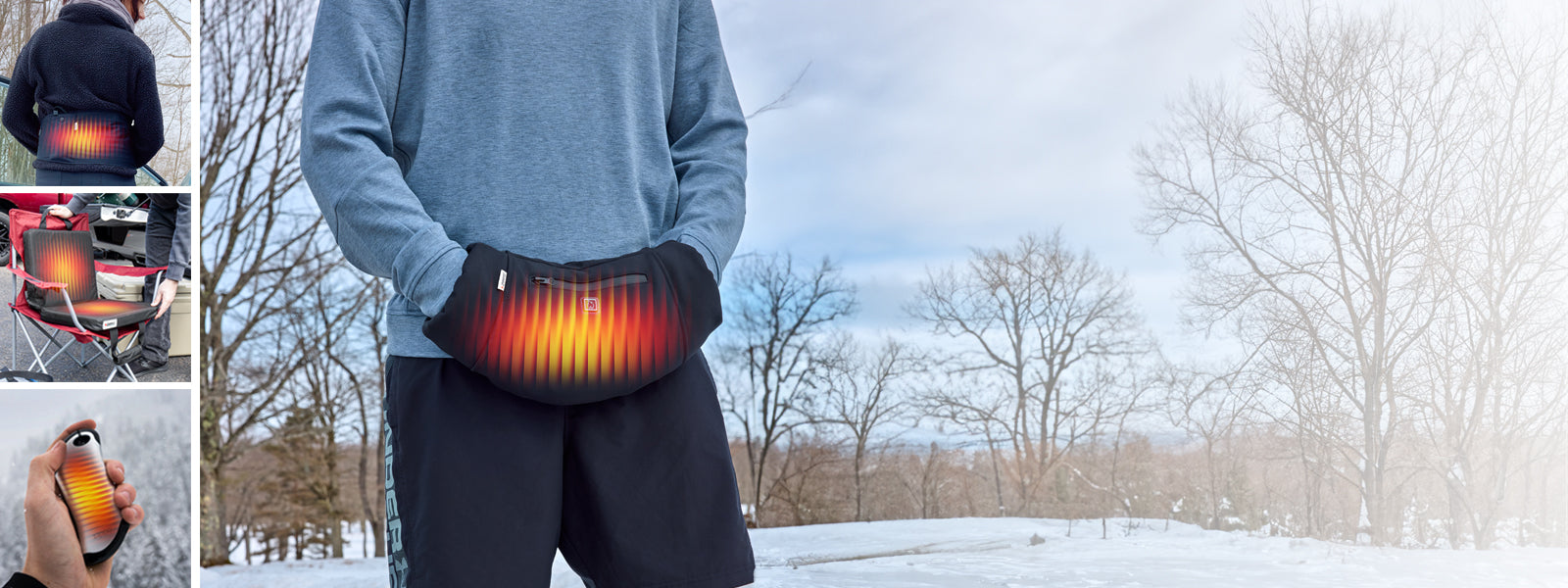 Person with a heated hand pouch in a snowy landscape with inset images showing the product in use.