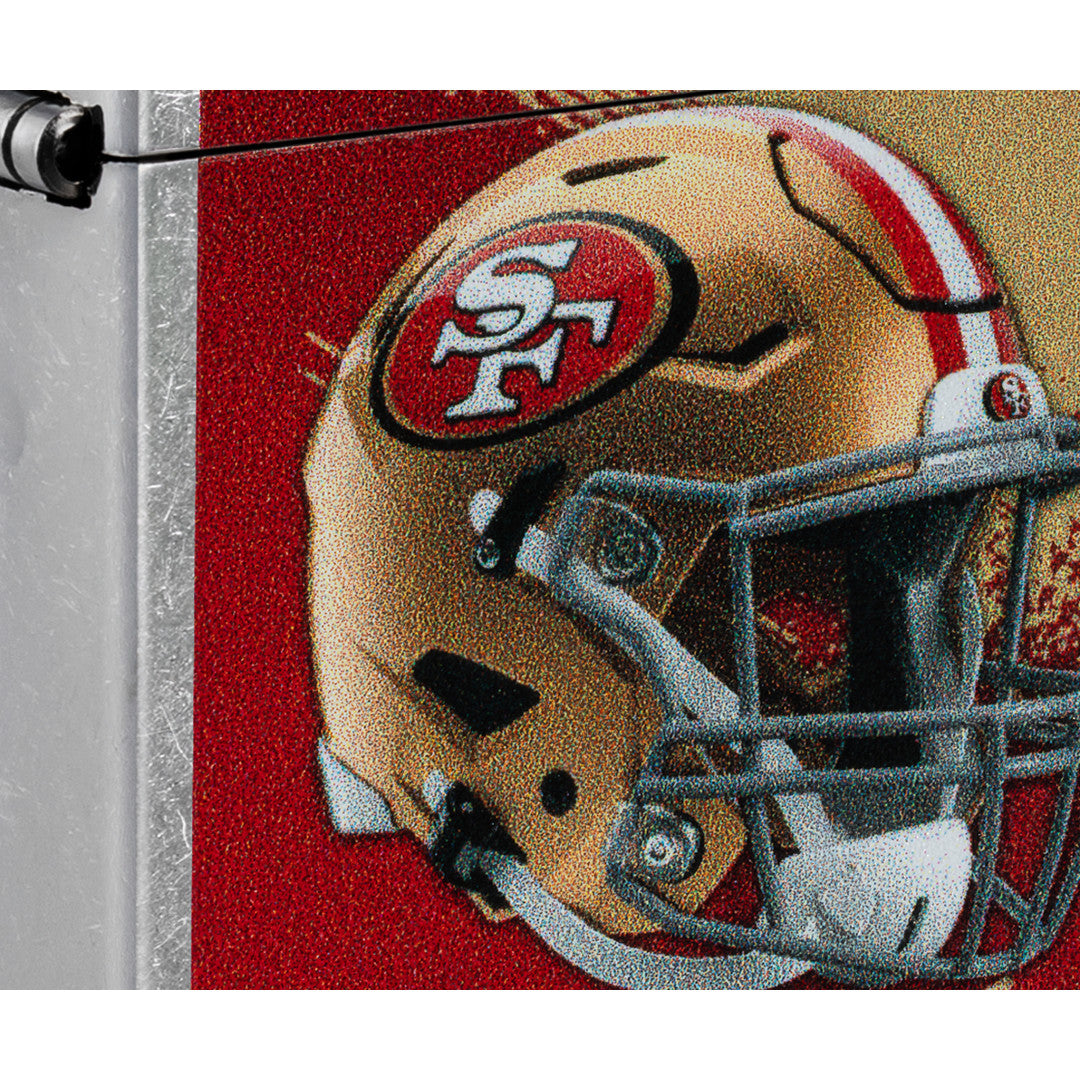 Front view of Zippo NFL San Francisco 49ers Helmet Design Street Chrome Windproof Lighter close up to show the detail of the lighter.