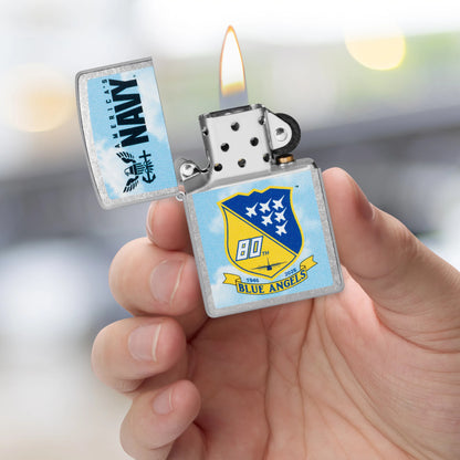 Zippo United States Navy® Blue Angels Design Street Chrome Windproof Lighter lit in hand.