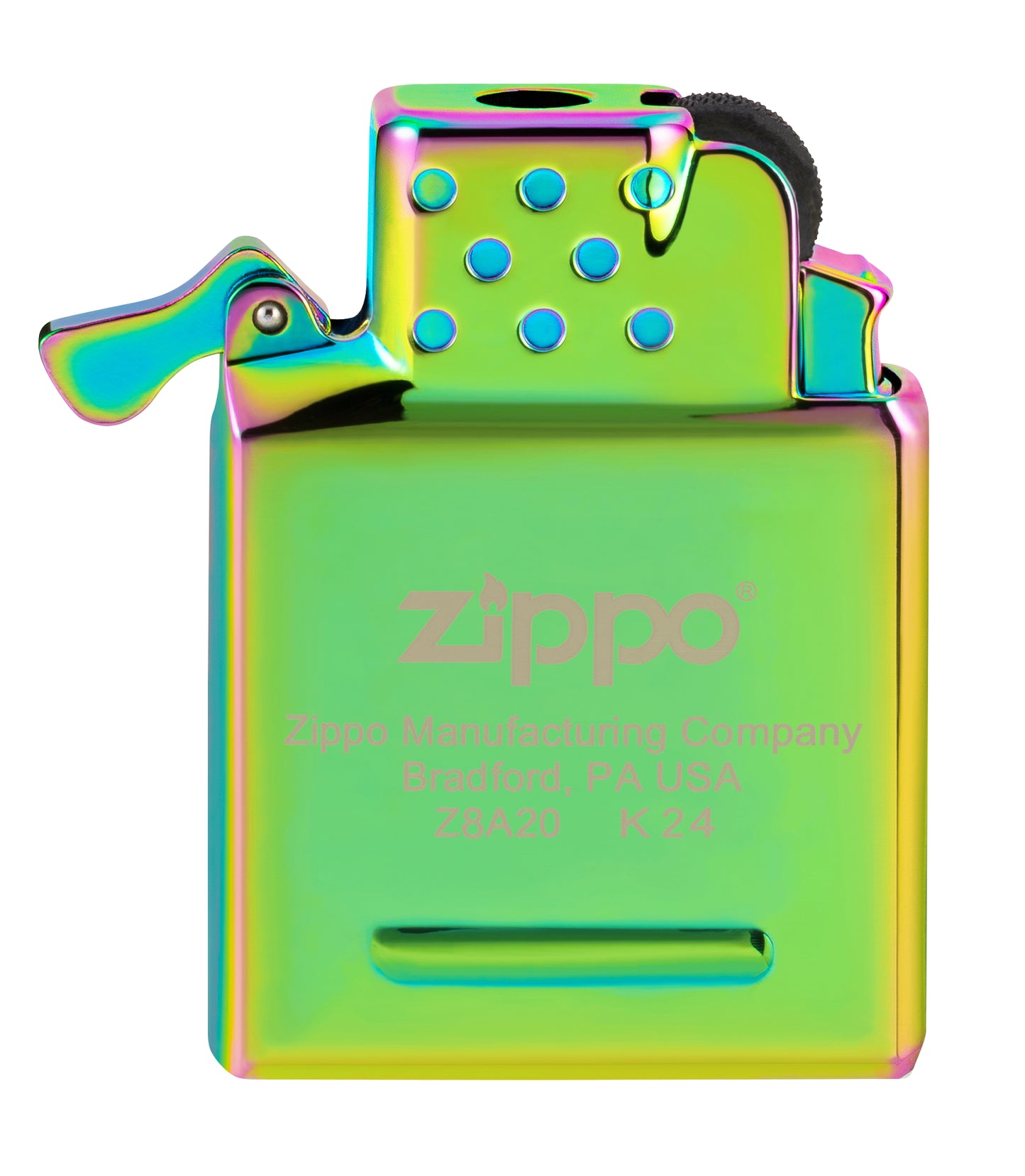 Front view of Zippo Yellow Flame Butane Insert - Green/Spectrum/Iridescent.