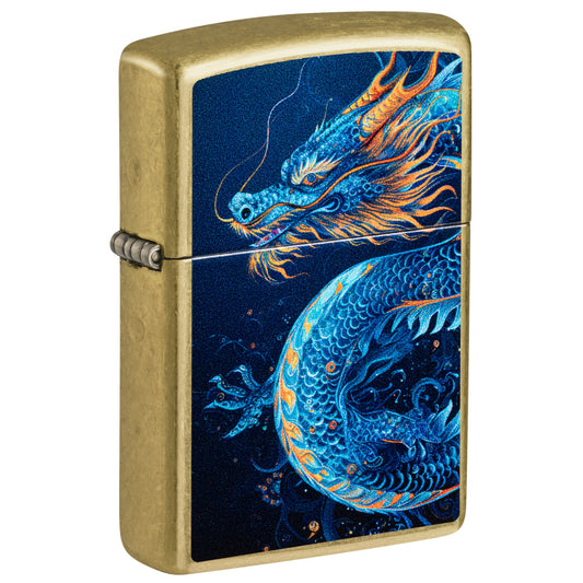 Front shot of Zippo Sea Dragon Design Street Brass Windproof Lighter standing at a 3/4 angle.