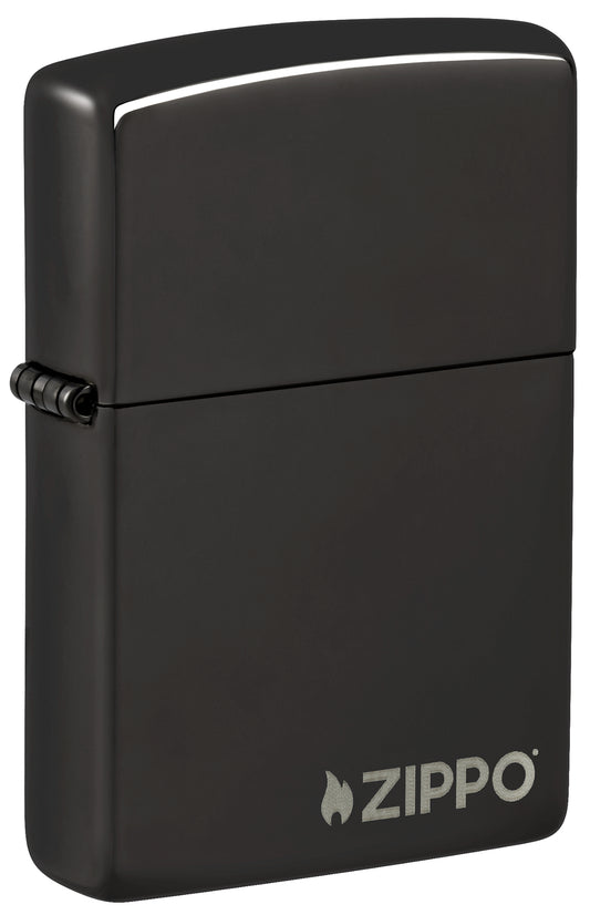 Front shot of Classic High Polish Black Zippo Logo Windproof Lighter standing at a 3/4 angle.