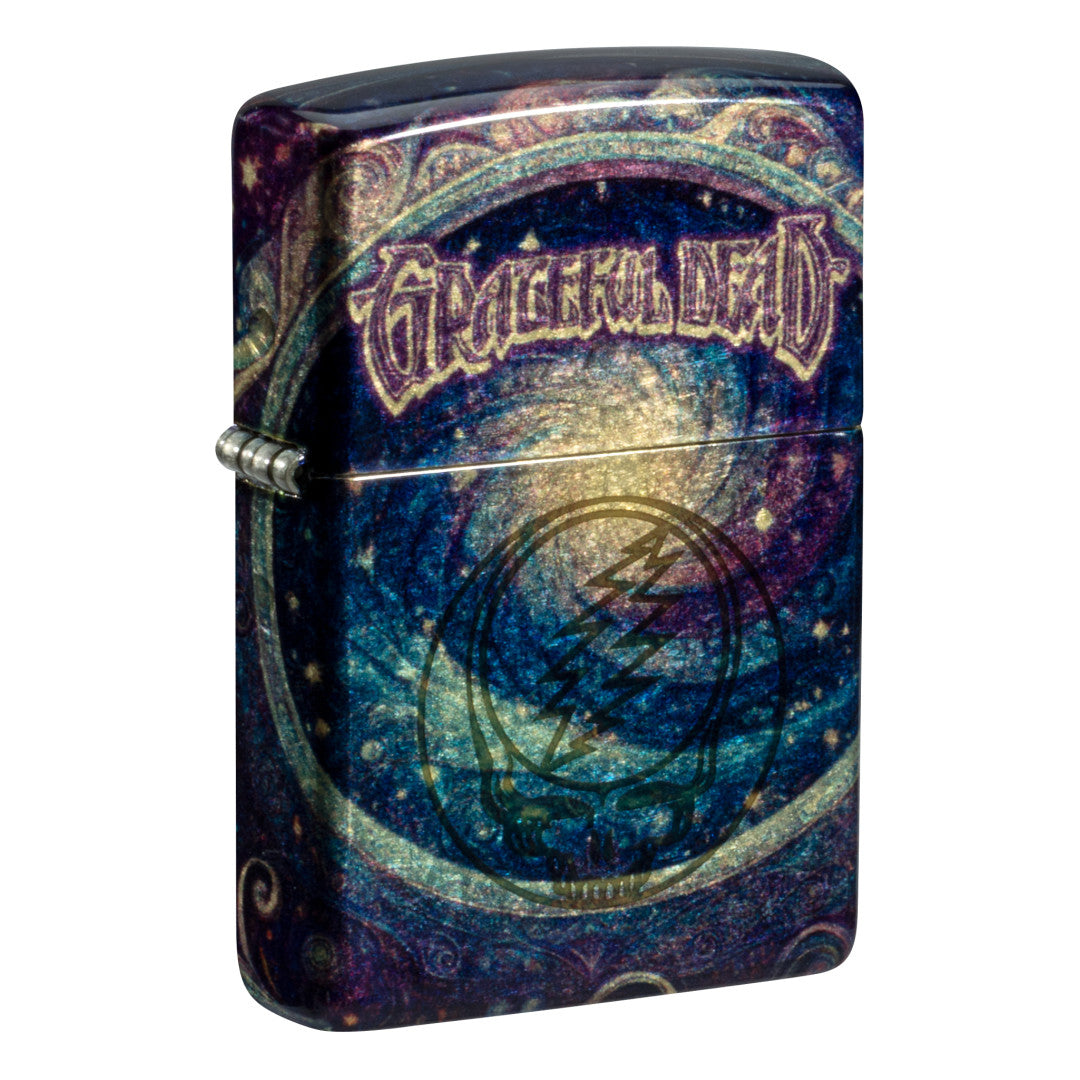 Front shot of Zippo Grateful Dead Limited Edition Stealie Design Tumbled Brass Windproof Lighter standing at a 3/4 angle.