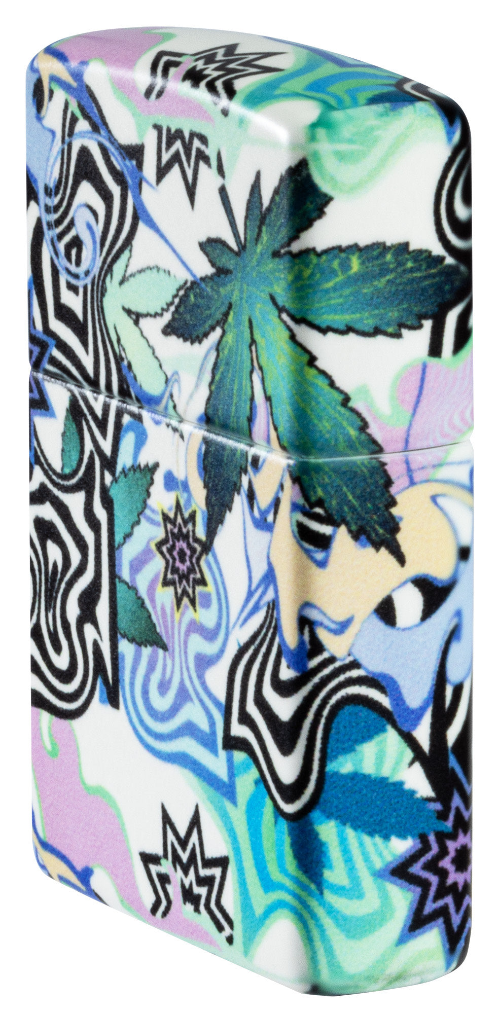 Angled shot of Zippo Abstract Cannabis Design Glow in the Dark Windproof Lighter showing the front and right sides of the lighter.