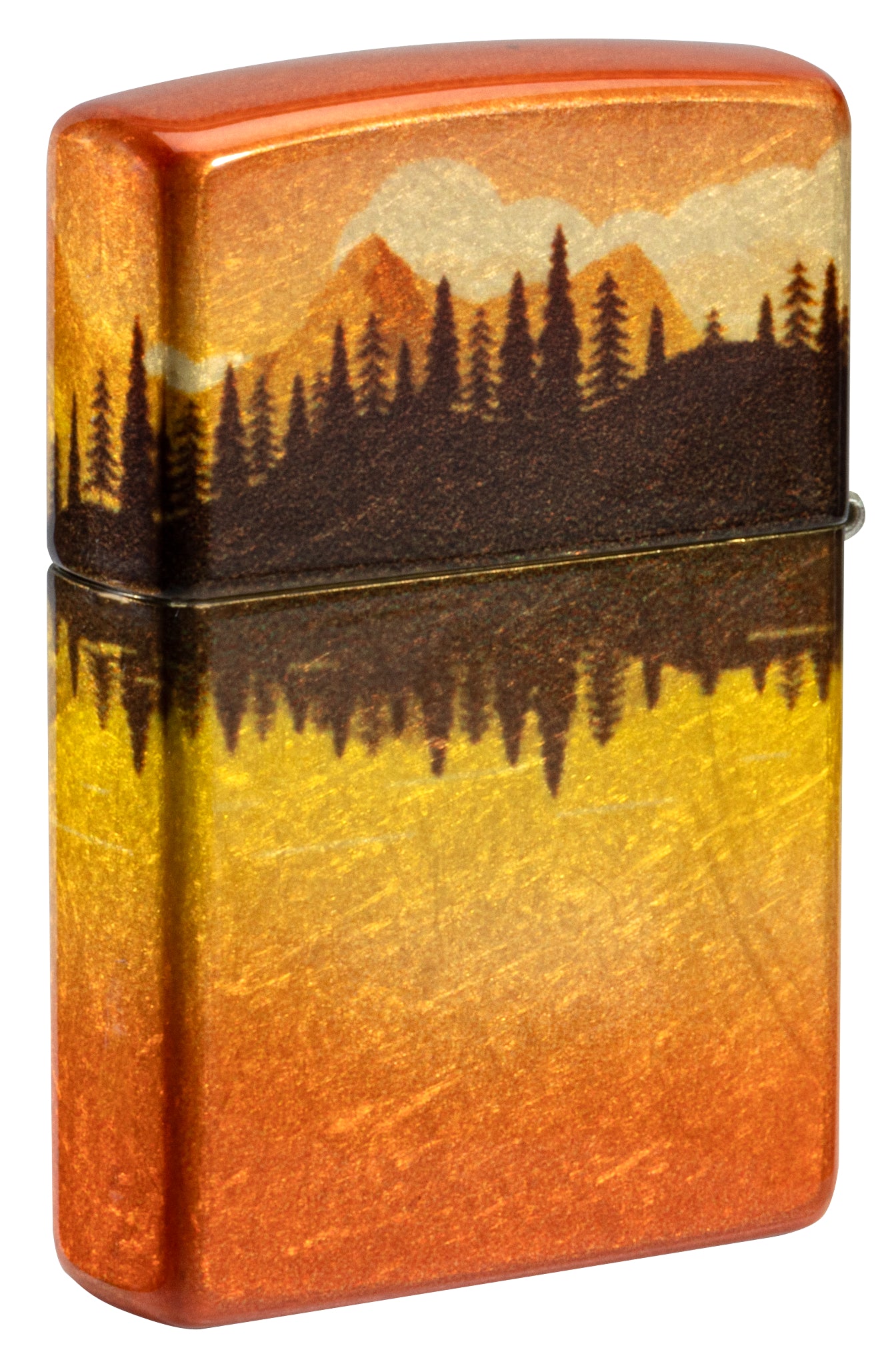 Back view of Zippo Fishing Fusion Design 540 Tumbled Brass Windproof Lighter standing at a 3/4 angle.