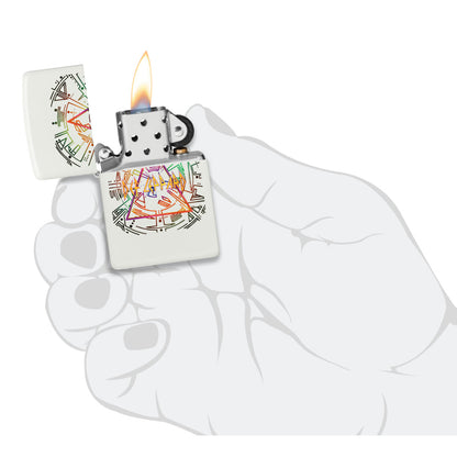 Zippo Def Leppard Glowing Hysteria Design Glow in the Dark Green Windproof Lighter lit in hand.