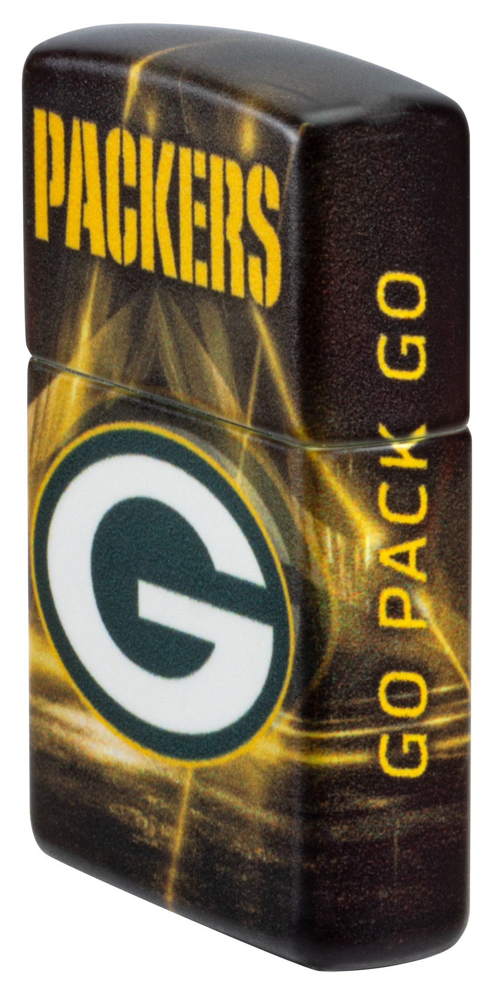 Angled shot of Zippo NFL Green Bay Packers 540 Matte Windproof Lighter showing the front and right sides of the lighter.