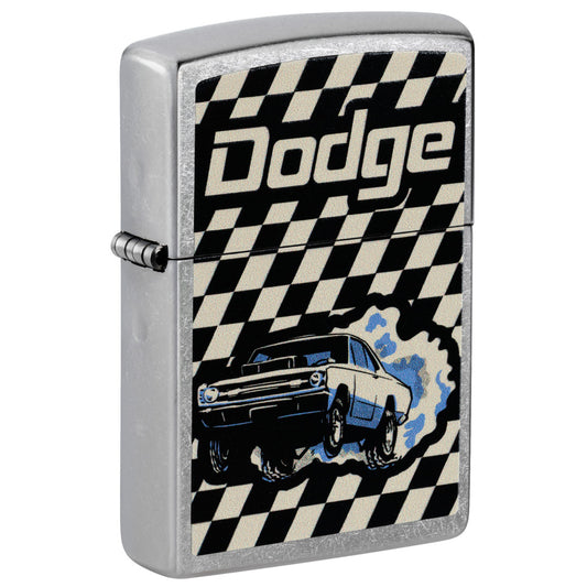 Front shot of Zippo Dodge Dart Design Street Chrome Windproof Lighter standing at a 3/4 angle.