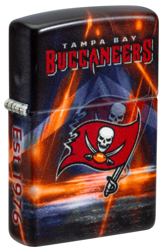 Front shot of Zippo NFL Tampa Bay Buccaneers 540 Matte Windproof Lighter standing at a 3/4 angle.