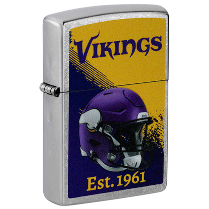 Front shot of Zippo NFL Minnesota Vikings Helmet Design Street Chrome Windproof Lighter standing at a 3/4 angle.
