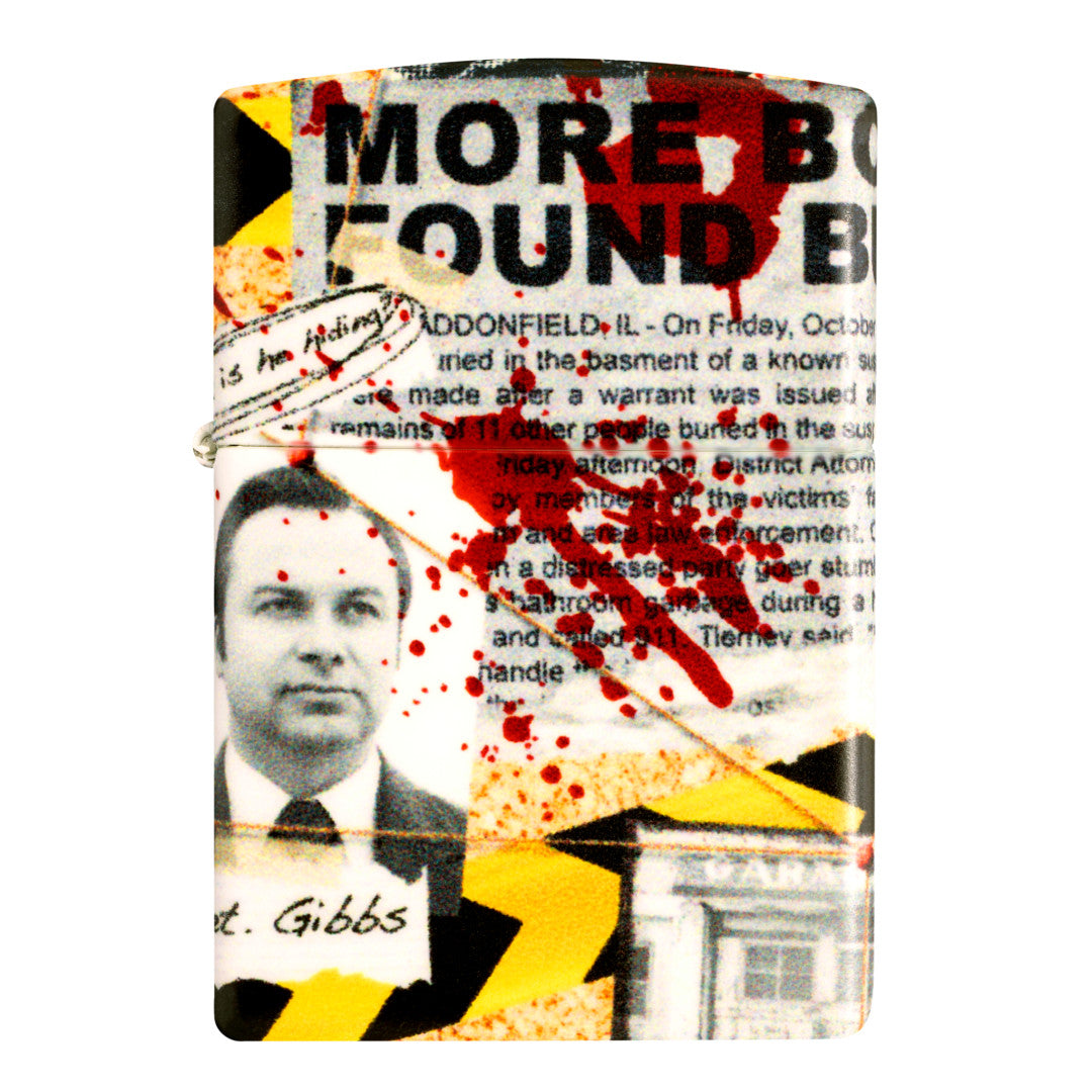 Front view of Zippo Murder Mystery Design 540 Matte Windproof Lighter.