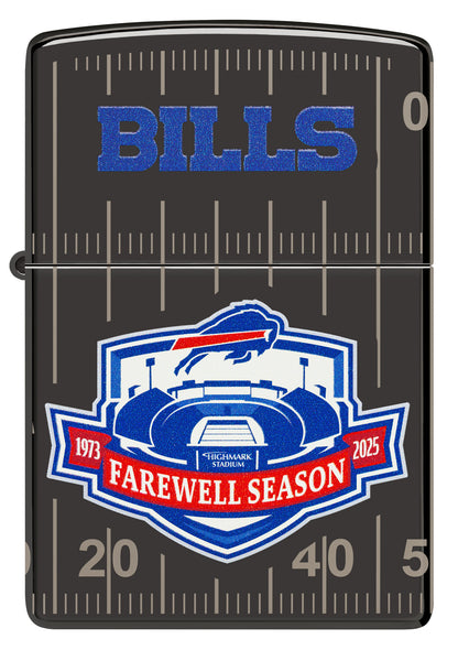 Front view of Zippo Buffalo Bills Farewell Season Design High Polish Black Windproof Lighter.