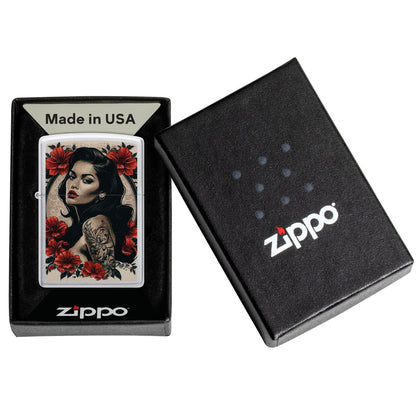 Zippo Pinup Tattoo Design Satin Chrome Windproof Lighter in its packaging.